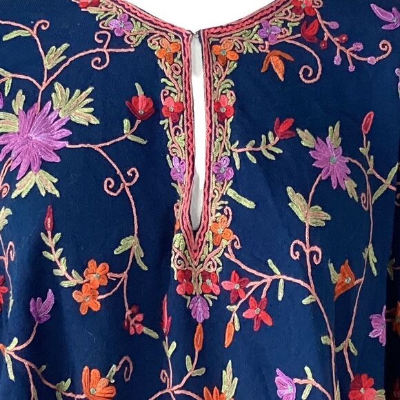 Navy one size embroidered poncho shawl with fringe. 0610 - Picture 2 of 7